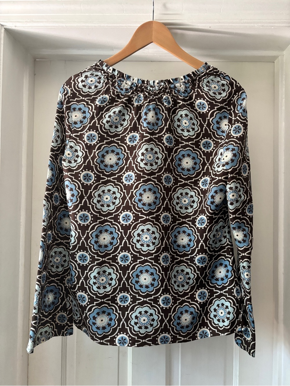 Tory Burch Silk Triple Tie Blouse Moroccan Print Brown Blue Size 2 - Picture 9 of 15